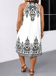 Breezaya Elegant Commuter & Holiday Casual Versatile Plus Size Women's Round Neck Sleeveless Black & White Patterned Fabric Dress, Spring/Summer/Autumn