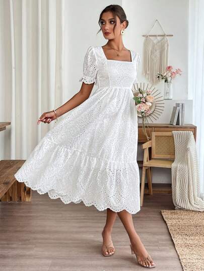 EMERY ROSE 女士方领短款泡泡袖长款刺绣连衣裙