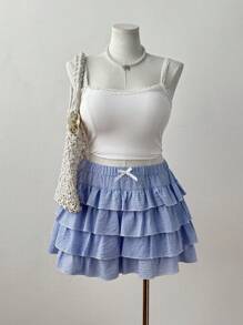 Sweetra Plus Size Women's Princess Ruffled Bow Decor Casual Shorts, Summer Vacation - Blue - View 3