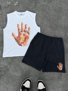 Manfinity Streetrush Conjunto casual de hombre con anillo de súper oro, brazalete, camiseta sin mangas de cuello redondo grande y sencilla, y pantalones cortos. Regalo para novio, regalo para hombres, adecuado para amigos. Camisetas con gráficos, camisetas gráficas para hombres.