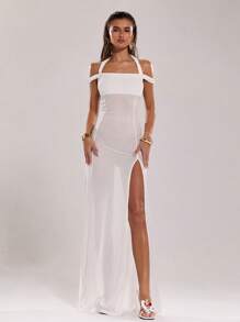 SHEIN BAE Women Open Shoulder Solid Color Side Slit Hem Sexy Cover-Up Dress - White - View 6