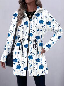 SHEIN LUNE 女士休闲度假抽绳口袋连帽运动衫，毛绒图案印花长款轻便夹克 - 藍白色 - 查看 5