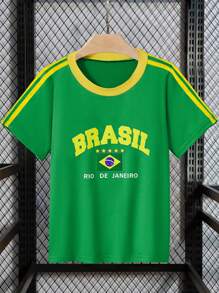 Tween Boys Contrast Color Brazilian Print Round Neck Short Sleeve T-Shirt - Green - View 3