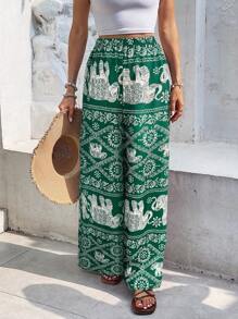 SHEIN Frenchy Women's Vacation Loose Elephant Print Wide Leg Pants - Green - View 1