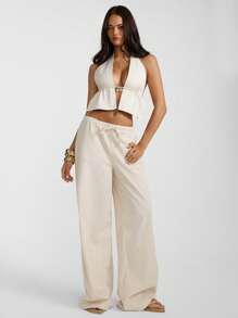 Aloruh Camiseta de verano casual de lino color beige de un solo color con decoración de concha y espalda descubierta para mujer