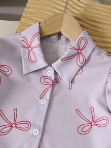 SHEIN Genkimix Kids 2 件套年轻女孩蝴蝶结印花短款泡泡袖上衣和裤子套装 - 彩色 - 查看 7