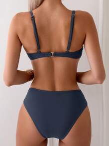 Swim Chiccia Women's Solid Color Round Decor Ruffle Strap Tankini Bikini Set Set For Summer Beach Vacation - Dark Grey - View 2