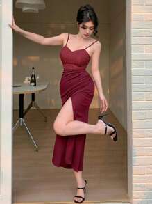 DAZY Women Color Block Strap Side Split Hem Elegant Dress Prom Dress Sundress Wedding Women Dresses Red Women Dresses Valentine's Day - Burgundy - View 2