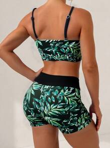 SHEIN Swim Set di bikini estivo da donna con pantaloncini con coulisse e stampa di piante tropicali, stampa casuale