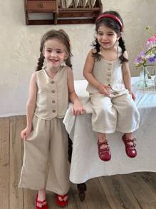 LMoss Kids LMoss 2pcs Baby Girl Set:Beige Summer Modest Cocktail Woven Solid Square Neck Top + Loose Casual Long Pants Sisters Cute Matching Outfit For Girls - White - View 9