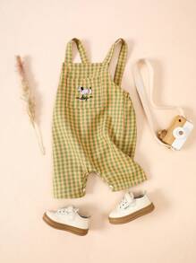 Souflis Souflis Cute Puppy Embroidery Toddler Boys' Splice Plaid Pocket Bib Shorts, Casual Street Style, Spring/Summer - Green - View 1