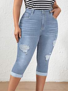 EMERY ROSE Plus Size Women Pockets & Distressed Short Skinny Casual Denim Jeans Autumn For Women Festival Capris For Women Elegant Ripped Jeans - Light Wash - View 3
