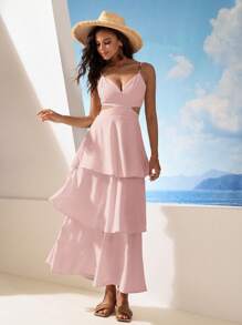 Aveloria Rosie 度假休闲纯色镂空细肩带连衣裙波西米亚风海滩时尚风格淡粉色夏季 - 淺粉色 - 查看 1