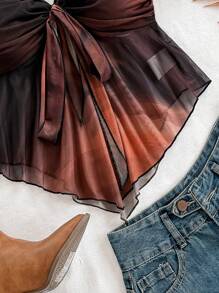 Soleia Women's Black Tie-Dye Mesh Ruched Bust Bowknot Asymmetrical Hem Fitted Blouse,Summer Boho Holiday Vacation Holiday Tube Top For Party,Beach,Rave Top - Multicolor - View 6
