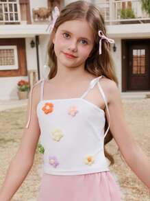 SHEIN Tween Girls Floral Bow Decor Camisole And Cami Tops, Sweet & Cute Style - White - View 1