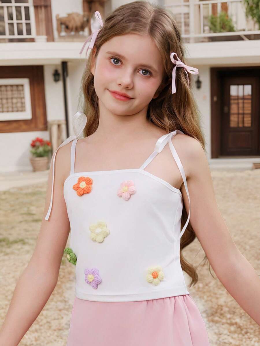 SHEIN Tween Girls Floral Bow Decor Camisole And Cami Tops, Sweet & Cute Style - White - View 1