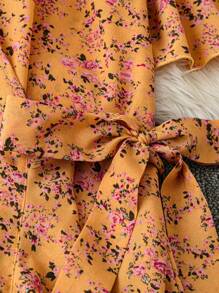 Trelyra 迷人优雅的小碎花连衣裙，V 领和腰带，女式波西米亚结，荷叶边下摆，裹身短袖 V 领常规版型中长款杏色荷叶边袖全身印花，小碎花、花卉、植物 A 字型女式长裙，春夏，休闲日常穿着超长度假海滩装 - 橘色 - 查看 5