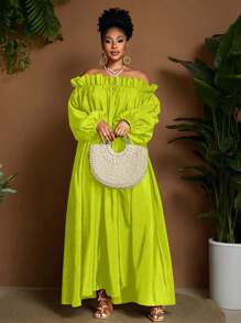 Maweii Plus Size Elegant Solid Color Off-Shoulder Lantern Sleeve Dress Fall Cloth For Women - Green - View 5