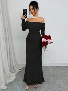 Elenzga Sexy Elegant1pc Women's Lace Off Shoulder Long Sleeve Long Dress Maxi Dress, Suitable For Romantic Dates And Vacations - Black - View 1