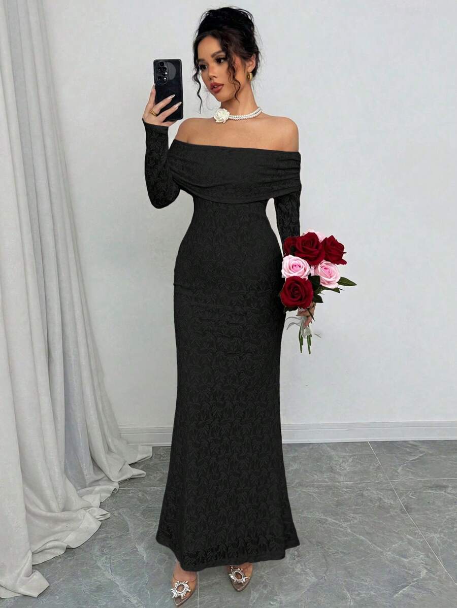 Elenzga Sexy Elegant1pc Women's Lace Off Shoulder Long Sleeve Long Dress Maxi Dress, Suitable For Romantic Dates And Vacations - Black - View 1