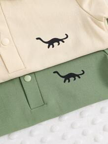 SHEIN Playful Pals 2 件装男婴休闲 Polo 领恐龙印花短袖上衣和短裤套装，连体衣，适合派对、日常穿着、运动、夏季 - 彩色 - 查看 5