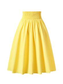 少女（女孩）优雅简约黑色编织裙，带可拆卸蝴蝶结装饰，高腰，百搭春夏季，可搭配衬衫、T 恤、Polo 衫，适合情人节 - 黃色 - 查看 2