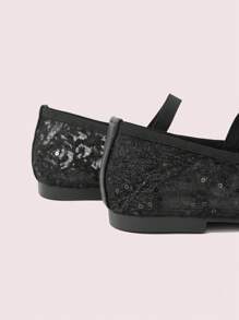 CUCCOO DOLLMOD Fashion Black Mesh Rhinestone Bow Decor Ballet Flats - Black - View 9