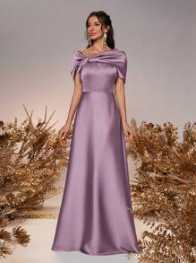 SHEIN Belle Váy phù dâu trang trọng trễ vai xoắn bất đối xứng màu xanh lá cây xô thơm thanh lịch dành cho nữ, kiểu nơ chữ A, thích hợp cho đám cưới - Màu tím - Xem 5