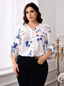 Lacomfia Plus Size Women Floral Print V-Neck Long Sleeve Button Design Blouse