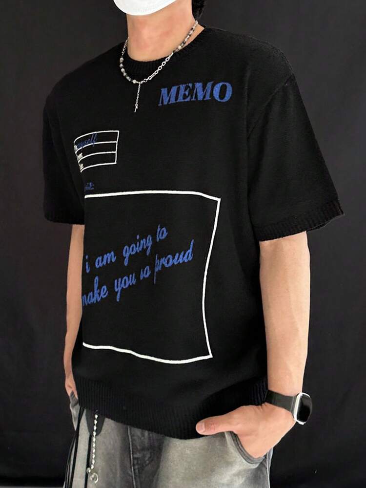 Men's Summer Slogan Printed Black Knitted Sweater