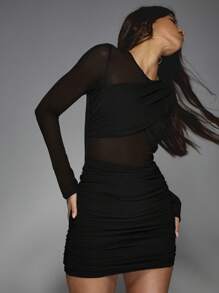 MISSGUIDED Ruched Bodycon Mini Dress Long Sleeve Mesh Panel Evening Party Club Night Out Fitted Little Black Dress Winter Fall Spring Zip Back - Black - View 4