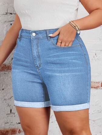 EMERY ROSE Plus Size Damesmode Zakken Omslag Casual Denim Shorts