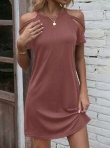 SHEIN LUNE 夏季纯色露肩休闲连衣裙新年衣服 - 藕粉色 - 查看 4