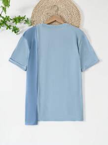 Father & Son Set Dusty Blue Summer Casual City Break Family Matching Crew Neck Short Sleeve T-Shirt,Embroidered Letter Splice Asymmetrical Chic Tee - Multicolor - View 2