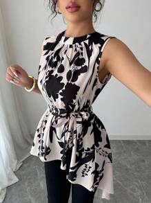 Selianne Women's Floral Retro Print Tie-Waist Asymmetric Hem Short Sleeve Shirt, - Multicolor - View 5