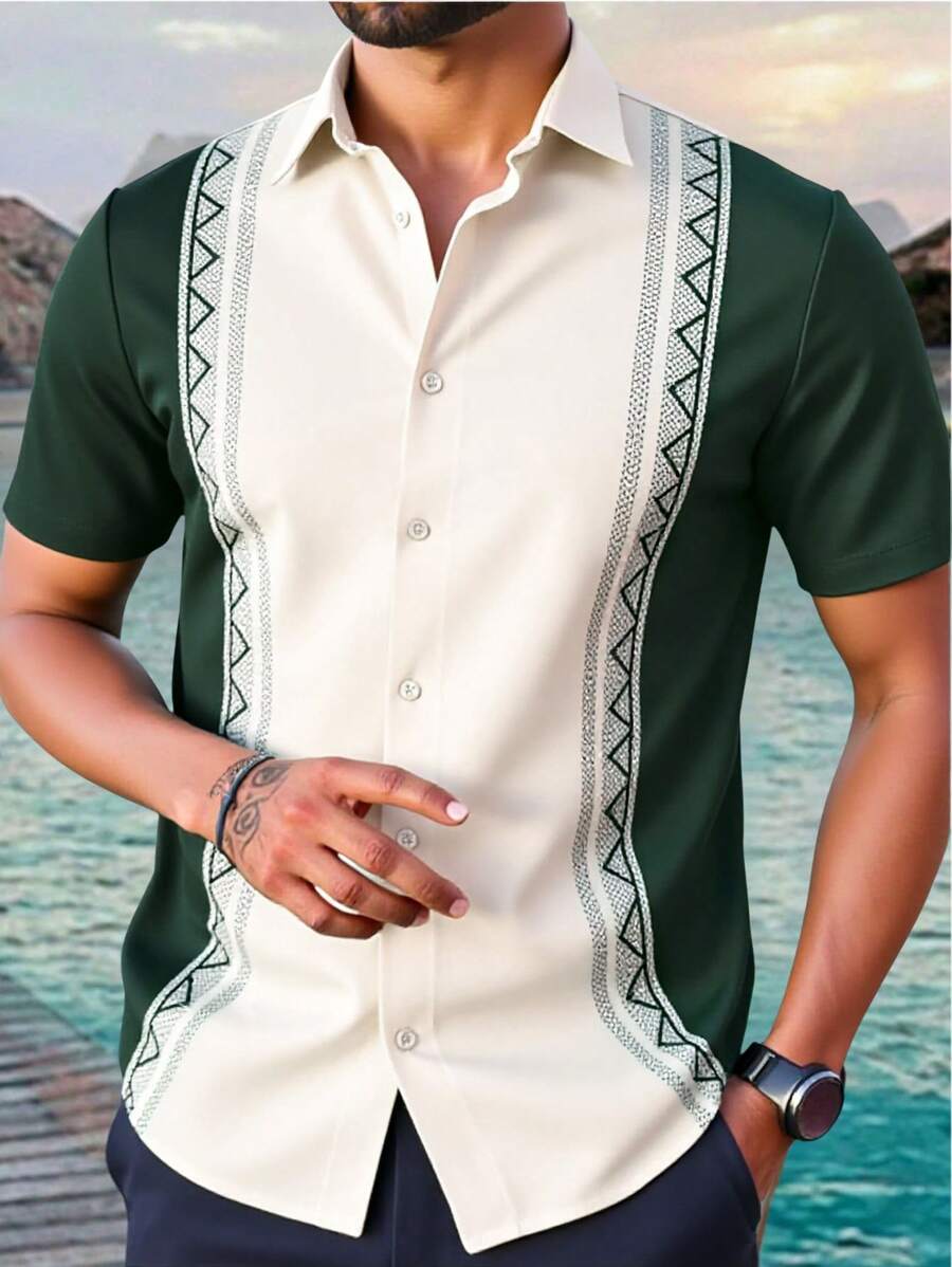 VIVINTIMO Kemeja Kasual Pria Lengan Pendek Kancing Tunggal Motif Geometris untuk Liburan. - Dark Green - View 1