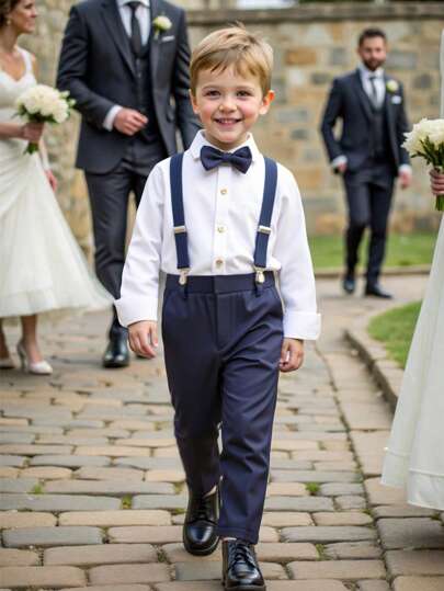 SHEIN 2 件套年轻男孩套装：纯色长袖衬衫和背带裤，绅士风格