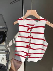 SHEIN EZwear Pull tricoté à rayures bicolores avec nœud décoratif, taille grande