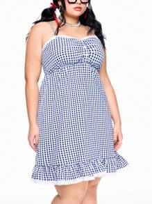 ROMWE J-Fashion Plaid Ruffle Trim Plus Size Vacation Dress For Women - Blue - View 9