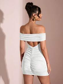 SHEIN BAE 露肩性感透视优雅美人鱼露背紧身迷你连衣裙，红色连衣裙，情人节约会连衣裙，伴娘迷你连衣裙，露背连衣裙 - 白色 - 查看 1