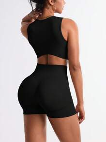 Easithlete 字母印花短款背心和短裤无缝瑜伽运动服套装健身女士套装 - 黑色 - 查看 2