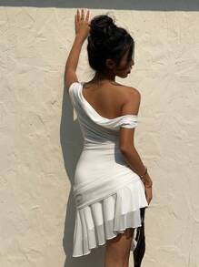 SHEIN EZwear 女士优雅纯色不对称短裙 - 白色 - 查看 2