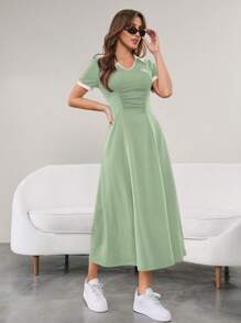 Seusyu 女式撞色荷叶边领短袖休闲连衣裙