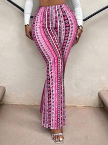 SHEIN SXY 大码女式佩斯利印花蓝色中腰喇叭腿抽绳高腰裤，春夏度假