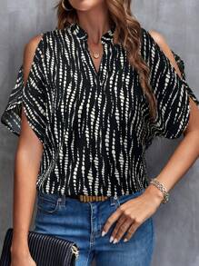 SHEIN LUNE Women Casual Full Print Off Shoulder Notch Neck Blouse, Suitable For Commuting,Casual - Black - View 4