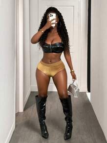 BamGleam Quần short da PU gợi cảm BamGlam Casual Slim Sexy dành cho nữ - Vàng - Xem 6