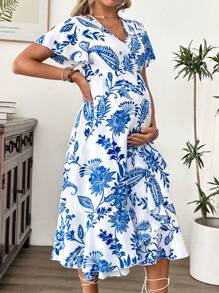 SHEIN Maternity Casual Full Print Ruffled Tie Wrap Dress - Blue - View 4