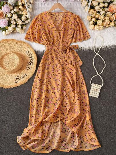 Trelyra Charming And Elegant Ditsy Floral Dress With V-Neck And Belt,Ladies Boho Knot,Ruffle Hem,Wrap Short Sleeve V Neck Regular Fit Midi Apricot Flounce Sleeve All Over Print,Ditsy Floral,Floral,Plants A Line Women Long Dresses,Spring/Summer,Casual Daily Wear Maxi Vacation Beach Outfit