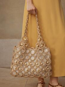 MOTF PREMIUM FASHIONABLE VACATION HOLLOW-OUT BEADED DETAIL SHOULDER BAG, ELEGANT BAG - Camel - View 6