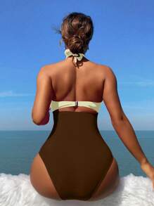 SHEIN Swim Women's Vacation Color Contrast Crisscross Hollow-Out Halter One Piece Swimsuit - Multicolor - View 2